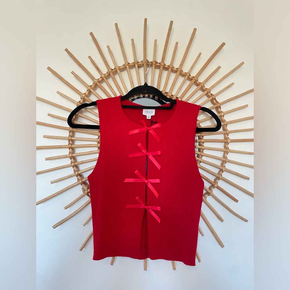 Le Lis Red Sleeveless Top with Bow Accents